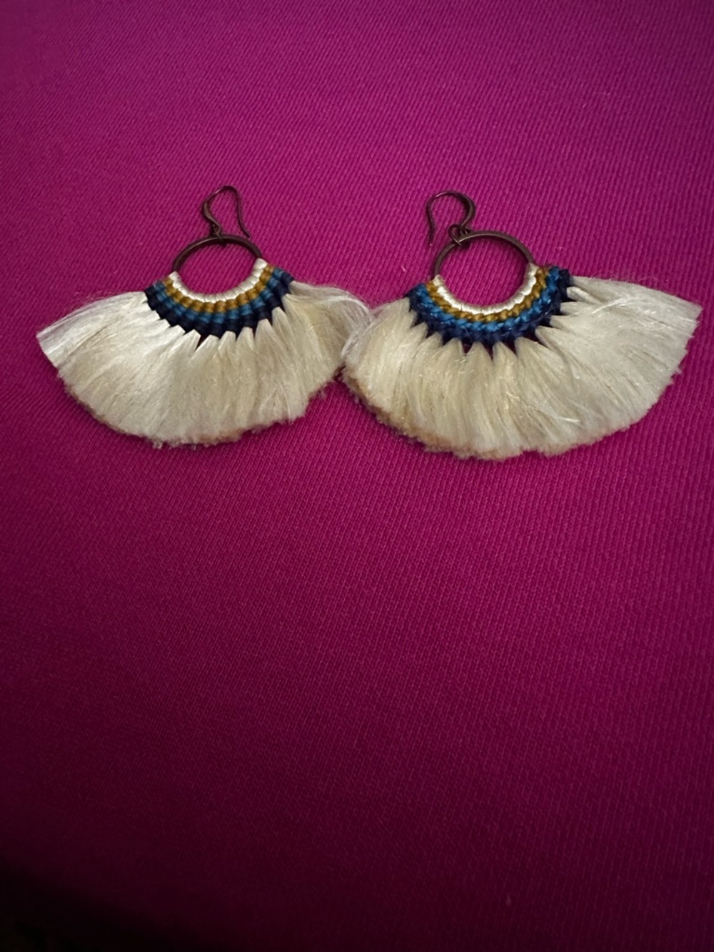Boho Cream Fan Tassel Hoop Earrings with Blue Accent